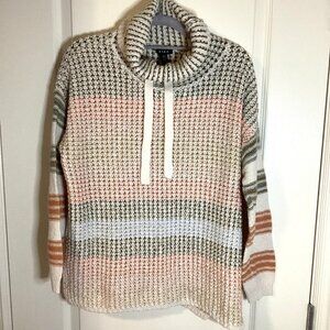 Tribal Women's Drawstring Cowl Neck Knit Sweater Earthy Neutral Tones Size L